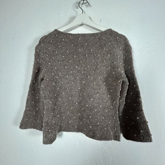 She by Sheri Bodell Wool Blend Pearl Embellished V-neck Sweater 10, Large Brown - Picture 2 of 8